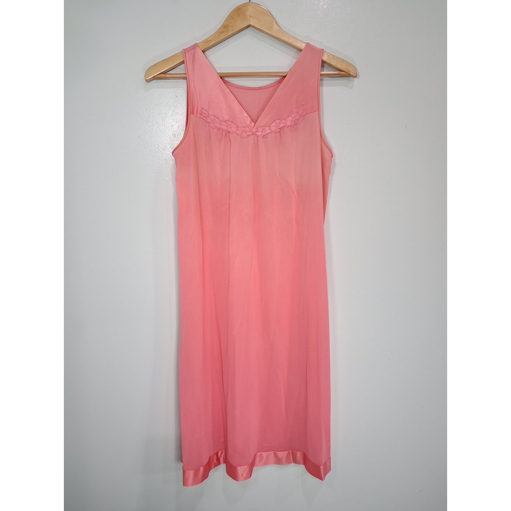 Vintage Coral Pink Sleeveless Nightgown V-Neck Floral Embroidery Satin Trim 37L